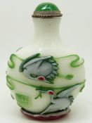 Chinese glass overlay scent bottle with decoration depicting storks, 6.5cm tall