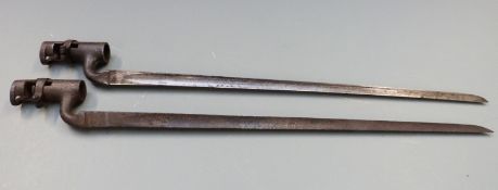 Two British 1853 pattern socket bayonet, one with some clear stamps, both with 43cm blades