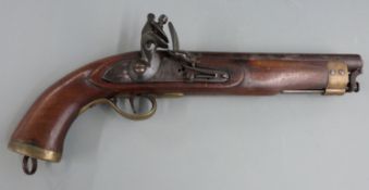 East India Company flintlock hammer action pistol with lion engraved to the lock, brass trigger