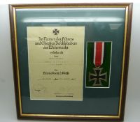 German Third Reich Nazi Iron Cross medal, framed and mounted with certificate