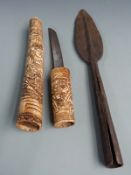 Japanese Tanto dagger with sectional carved bone handle and scabbard depicting figures, blade length