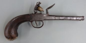 L Parr Queen Ann flintlock double barrelled side by side pistol with silver wire inlaid walnut