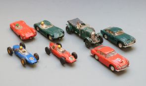 Seven Tri-ang Scalextric model motor racing cars comprising 4½ Litre Supercharged Bentley C64, two