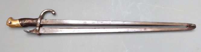 French 1874 pattern Gras bayonet conversion to fire side tongs, marked 1882 to 52cm blade