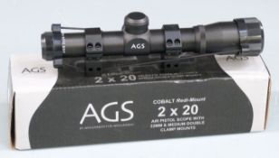 AGS Cobalt Redi-Mount 2x20 air pistol scope with 22mm & medium double clamp mounts, in original box.