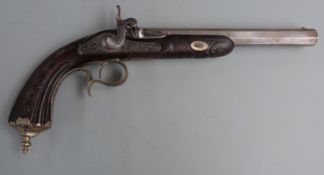 A M Van Gumster of Utrecht percussion hammer action pistol with deeply carved lock, hammer,