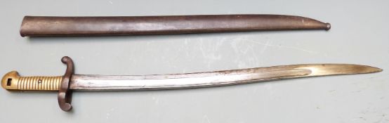 French 1842/59 pattern sabre bayonet with internal coiled spring, brass grips and steel