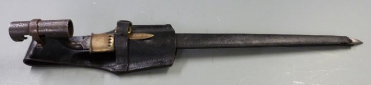 British 1853 pattern socket bayonet with some clear stamps to 43cm blade, with scabbard and frog