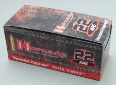 Four-hundred Hornady V-Max .22 MAG rifle cartridges, sealed in original boxes. PLEASE NOTE THAT A