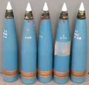 Five British Royal Navy 4.5 inch Mk8 gun practice rounds all but one with fuses marked plug No5