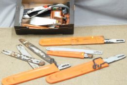 Husqvarna 335X PT chainsaw (no cutter bar or chain fitted) and eight chainsaw cutter bars, some with