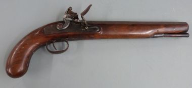 Rock flintlock hammer action pistol with named and engraved lock, engraved hammer, wooden ram-rod