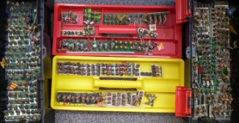 A very large collection of 25mm scale hand painted white metal war gaming soldiers.