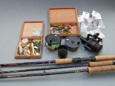 Three salmon fly/spinning rods, Leeda salmon fly reel with line and spare spool, spinners,