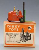 Dinky Toys diecast model Coventry Climax Fork Lift Truck with orange body, black boom and green