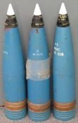 Three British Royal Navy 4.5 inch Mk8 gun practice rounds with fuses marked plug No5 Mk1 TRE76