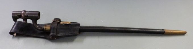 British 1853 pattern socket bayonet stamped 200 to socket and Deakin to 43cm blade, with scabbard