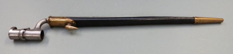 British 1853 pattern socket bayonet, some clear stamps to 43cm blade, with scabbard