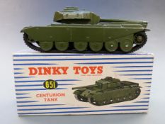 Dinky Toys diecast model Centurion Tank with green body and rubber tracks, 651, in original box.