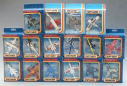 Sixteen Matchbox Skybusters diecast model aeroplanes, all in original display boxes.