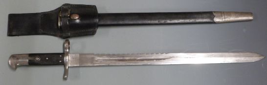 British 1875 pattern volunteer sawback sword bayonet with Kirschubaum makers, 46cm fullered