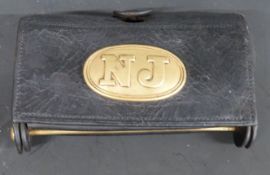 American Civil War era leather catridge pouch with brass fittings including NJ badge to front