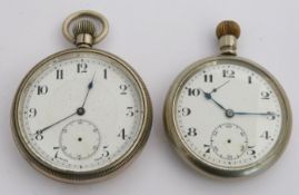 Two British Railways Midland region keyless winding open faced pocket watches, both with