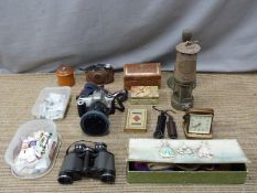 Thomas and Williams Aberdare miner's lamp, hand bell, treen string box, leather casket, spring