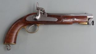 Percussion hammer action pistol with crown cypher and 'Tower' stamped to the lock, captive ram-