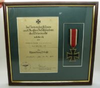 German Third Reich Nazi Iron Cross medal, framed and mounted with certificate