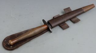 Fairbairn Sykes fighting knife with chequered grip, 16.5cm blade and leather sheath