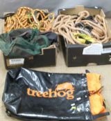 Two boxes of tree surgeon's ropes with carabiners, pulleys and a 'Treehog' knapsack bag