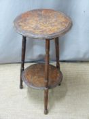 A cricket table with carved/pokerwork top, diameter 37 H60cm