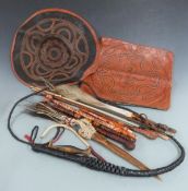 African tribal carved bone knife, fly/whisk, riding crops, whip, leather goods etc