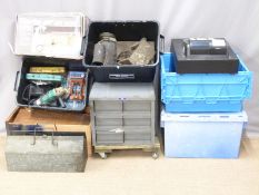 A very large quantity of tools, hardware, door furniture, Clarke Air kit 400, Stilsons, lamps,