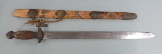 Oriental short sword, with carved wooden handle, metal fittings and scabbard, blade length 45cm,
