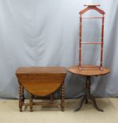 A valet stand, drop leaf and tilt top tables, tallest 111cm