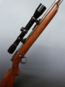 BSA .22LR bolt-action rifle with semi-pistol grip, Bokson 4x32 scope and 25 inch barrel, overall