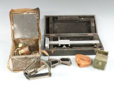Taylor and Hobson MK V military clinometer, military signalling lamp, lens, metal box and a large