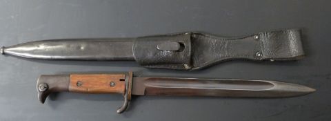 German KS98 pattern bayonet with wooden grips, 25cm fullered blade, scabbard stamped 18826 and frog