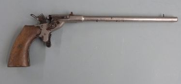 Deactivated percussion hammer action .22 pistol with plated body, shaped wooden grips and 9 inch