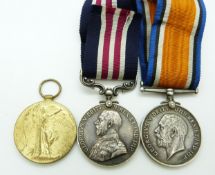 British Army WWI medals comprising Military Medal, War Medal and Victory Medal named to 245324 Pte/
