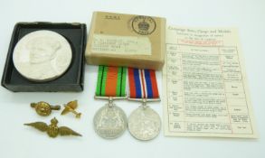 Royal Air Force WWII medals comprising War Medal and Defence Medal with box addressed to D A