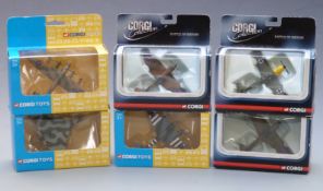 Six Corgi diecast model aeroplanes including Battle of Britain, Hawker Hurricane, Messerschmitt,