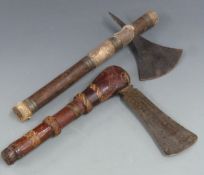 Two African tribal axes with leather grips, longest 33cm