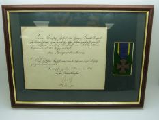 German WWI Brunswick War Merit Cross medal, framed and mounted with certificate