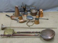 Copper scuttle, bed pan, kettles, jugs, hunting horn etc