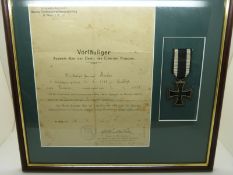 German WWI Iron Cross medal, mounted and framed with certificate