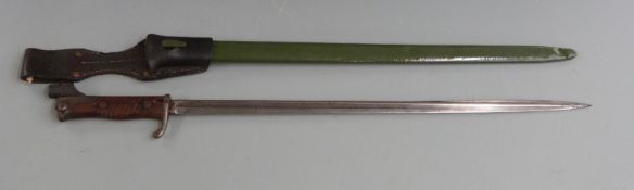 German S98 pattern bayonet with one piece wooden grip, stamped Erfurt, with additional attachment to