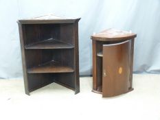 An inlaid mahogany bow fronted hanging corner cupboard W50 H67cm and a corner shelf unit